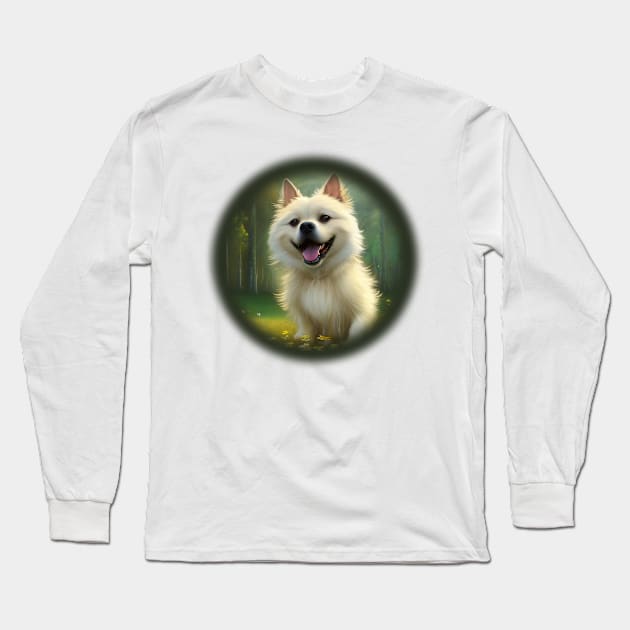 Small white dog runs through a flower field Long Sleeve T-Shirt by IrinaGuArt